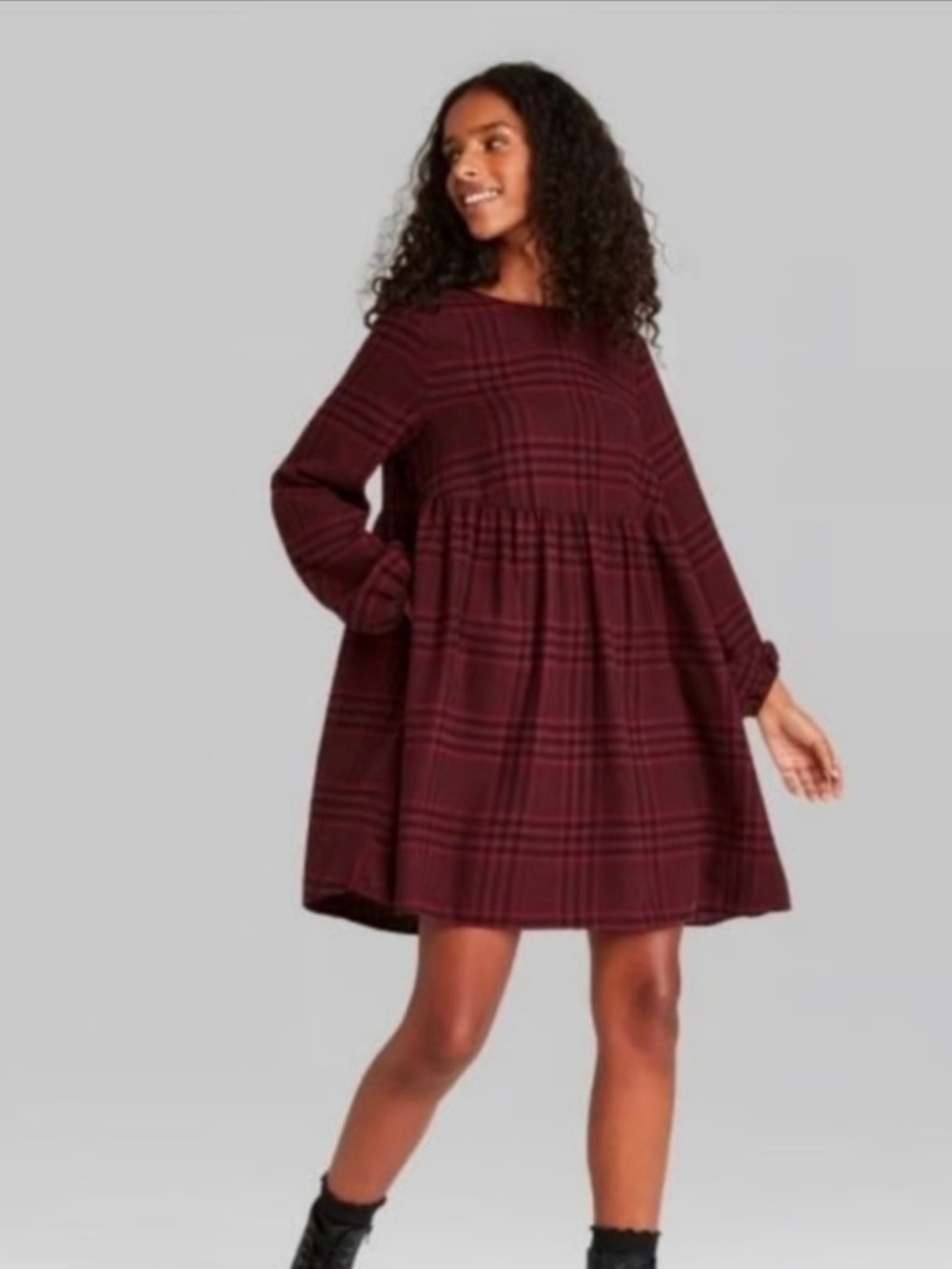 Wild Fable Plaid Babydoll Long-Sleeve Dress in Burgundy